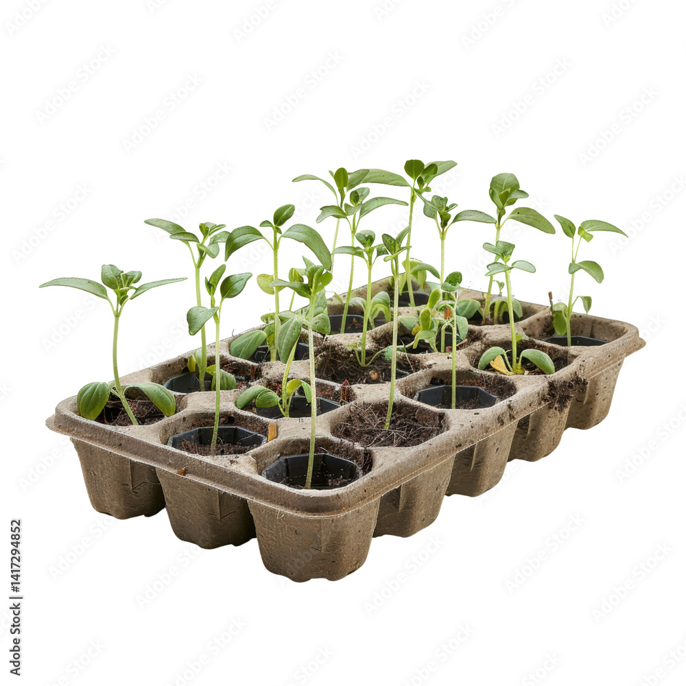 Growing seedlings in biodegradable tray, showcasing vibrant green plants emerging from rich soil, symbolizes new beginnings and joy of gardening