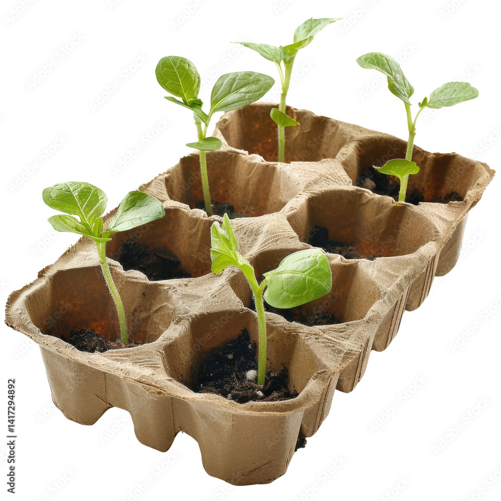 Growing seedlings in biodegradable trays, showcasing early stages of plant development. vibrant green leaves symbolize growth and potential in gardening