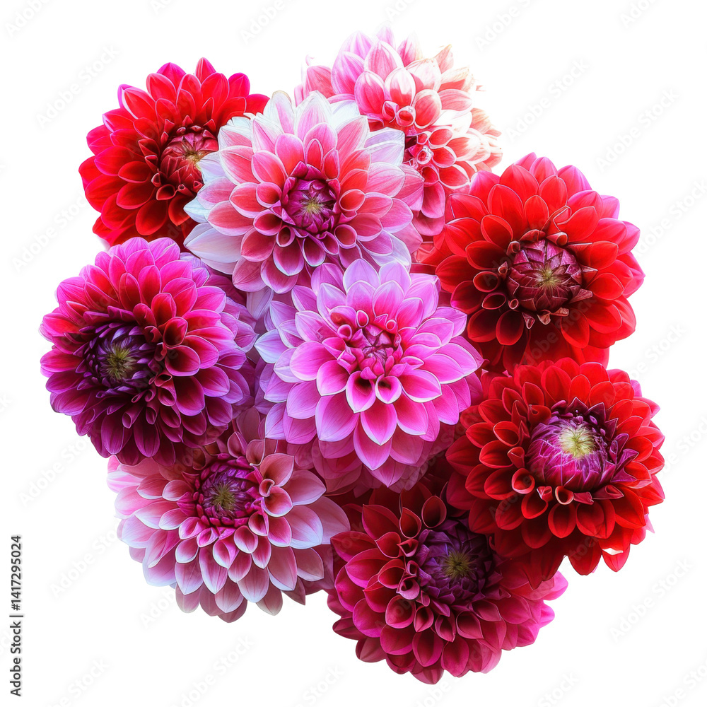 Beautiful bouquet of vibrant dahlias in shades of red, pink, and purple, showcasing intricate petal patterns and lush textures, perfect for floral arrangements or decoration