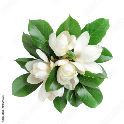 Magnolia flowers with lush green leaves create stunning floral arrangement, showcasing beauty of nature. elegant white petals contrast beautifully with vibrant foliage, evoking sense