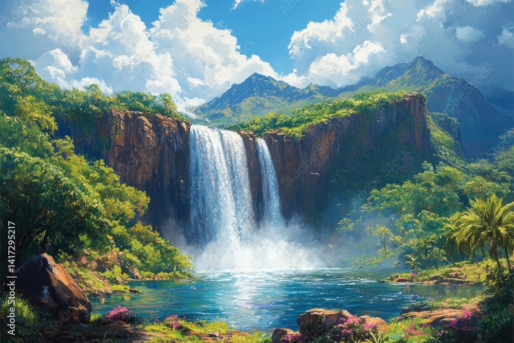 Fototapeta premium Lush waterfall cascading into a tranquil pool, surrounded by vibrant tropical foliage and mountains