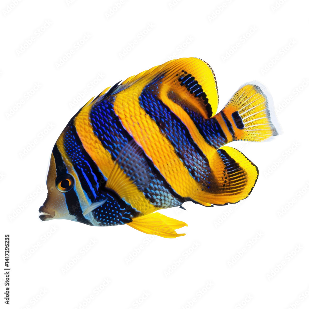 Colorful fish with vibrant stripes and fins, showcasing blend of blue, yellow, and orange hues. This aquatic creature is often found in coral reefs, adding beauty to underwater environments