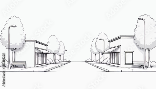 Monochrome Storefronts Line a Quiet Street Sketch