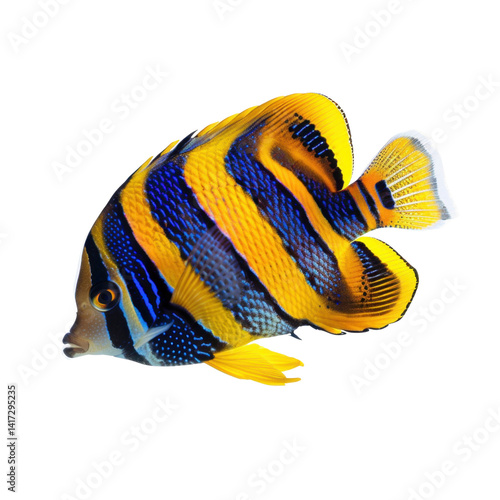 Obraz na płótnie Colorful fish with vibrant stripes and fins, showcasing blend of blue, yellow, and orange hues. This aquatic creature is often found in coral reefs, adding beauty to underwater environments w salonie
