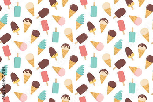 Cute seamless pattern with ice cream. Eskimo and ice cream cone. Design for fabric, wrapping paper, cards, posters. Vector illustration