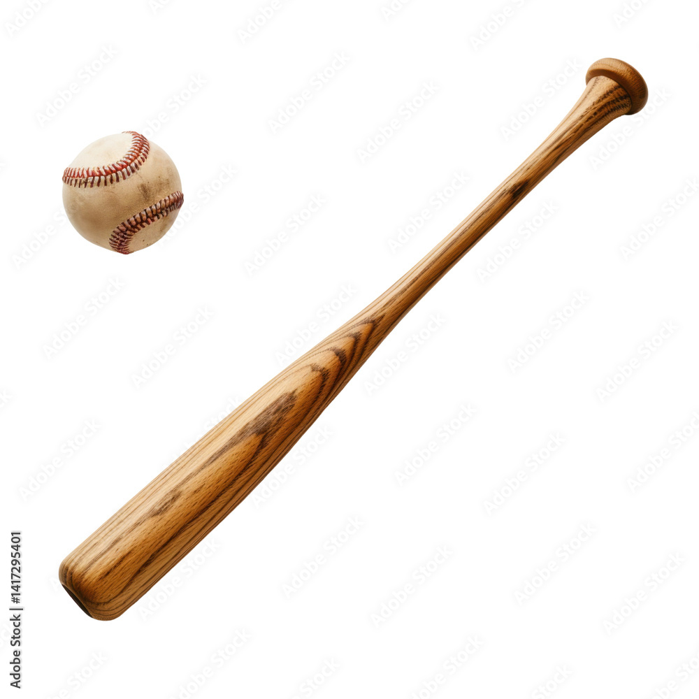 wooden baseball bat and baseball are displayed together, showcasing classic equipment used in sport. bat features smooth finish, while baseball has red stitching, symbolizing excitement of game
