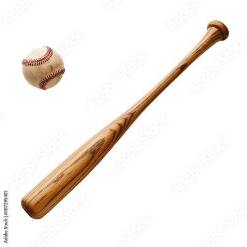 Obraz na płótnie wooden baseball bat and baseball are displayed together, showcasing classic equipment used in sport. bat features smooth finish, while baseball has red stitching, symbolizing excitement of game w salonie
