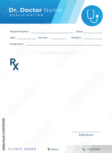 prescription pad template for medical professionals, featuring designated sections for patient details, diagnosis, prescribed medication, and a doctor’s signature.