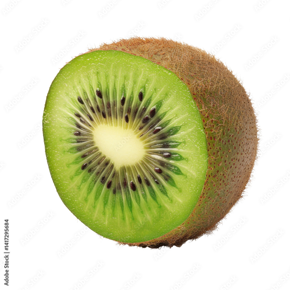 Fresh kiwi fruit, sliced half, showcasing its vibrant green flesh and tiny black seeds. fuzzy brown exterior contrasts beautifully with juicy interior, making it delightful addition to any dish
