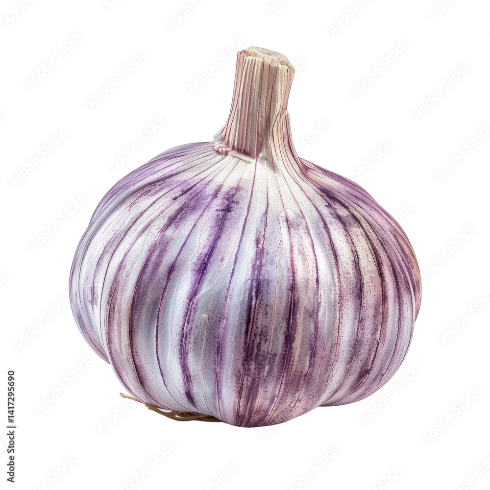 Fresh garlic bulb with purple stripes, showcasing its unique texture and color. This aromatic ingredient is essential in cooking, adding flavor and depth to various dishes