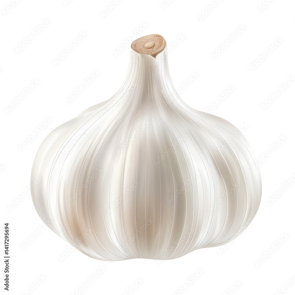 Fresh garlic bulb with smooth, white exterior, showcasing its unique shape and texture. This essential ingredient is widely used cooking for its strong flavor and aroma, adding depth to various
