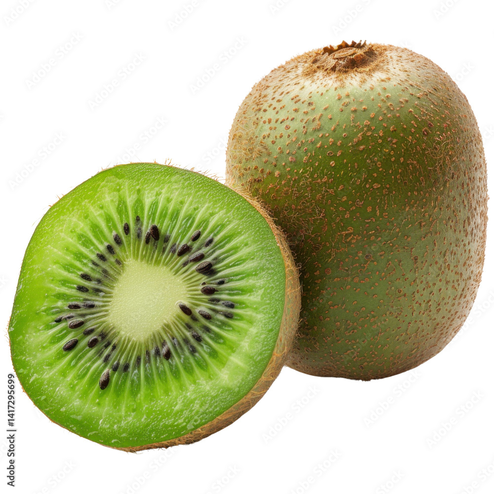 Fresh kiwi fruit, vibrant green flesh, and brown fuzzy skin, showcasing its unique texture and seeds. This nutritious fruit is perfect for healthy snacks and desserts