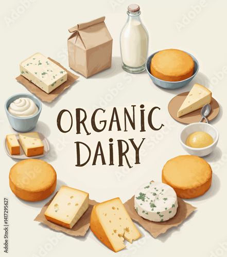 Organic Dairy Products Circle Still Life Illustration