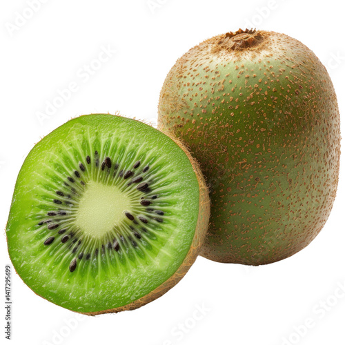 Fresh kiwi fruit, vibrant green flesh, and brown fuzzy skin, showcasing its unique texture and seeds. This nutritious fruit is perfect for healthy snacks and desserts