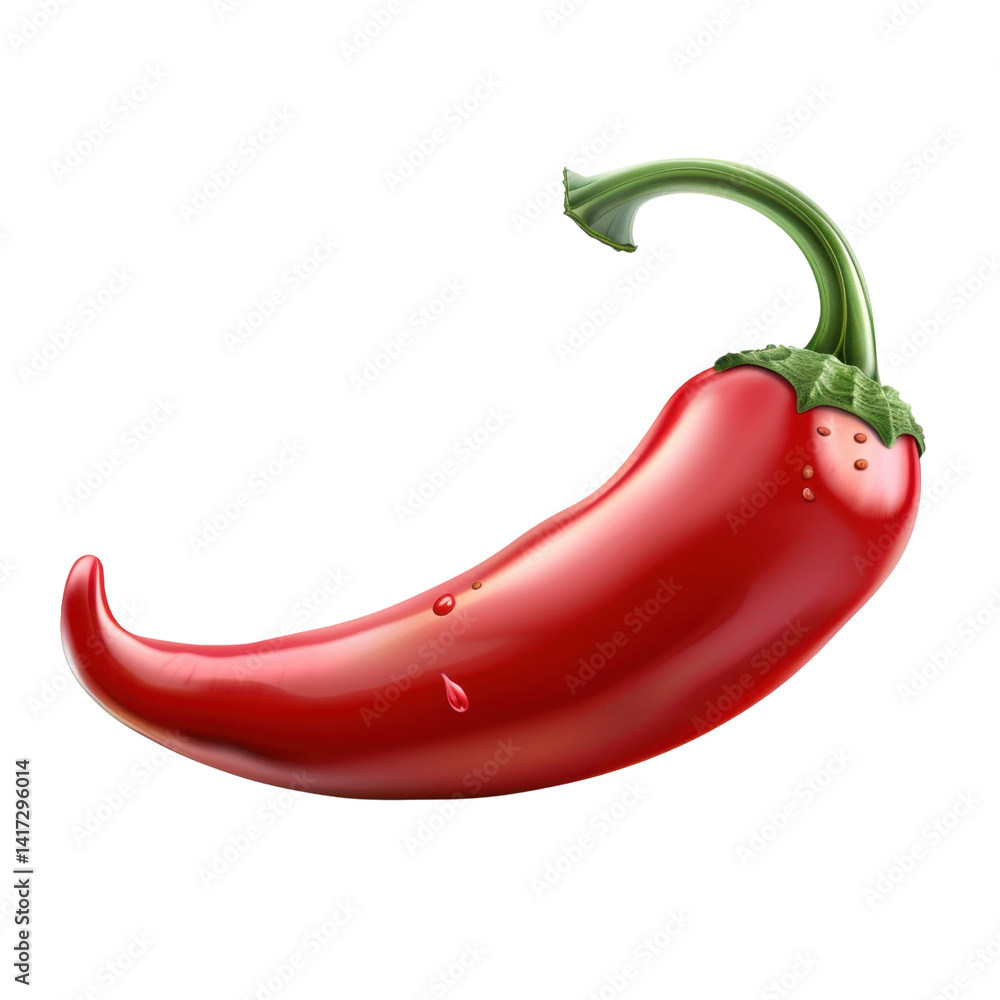 vibrant red chili pepper with glossy surface and curved shape, showcasing its fresh and spicy appeal. pepper has small droplet of water, enhancing its freshness and visual allure