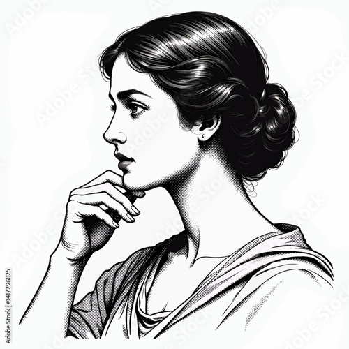 Pensive woman with updo, hand on chin, black and white sketch