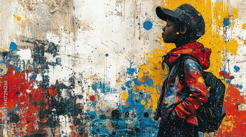 Child with backpack stands against colorful graffiti wall looking to the side.