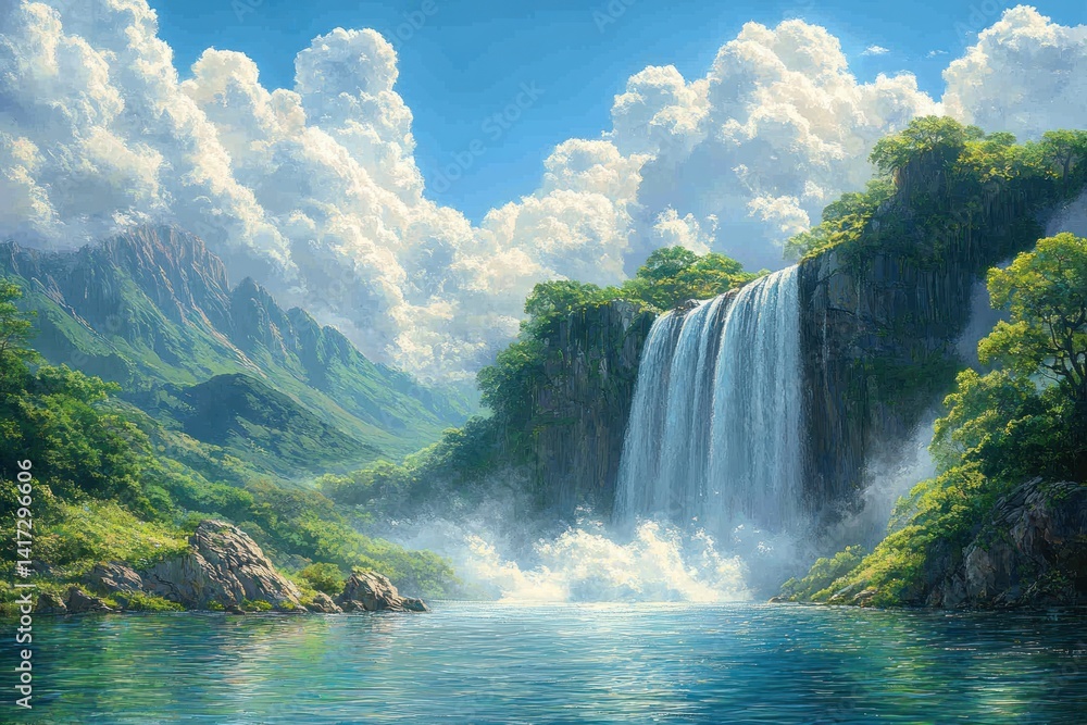 Fototapeta premium Majestic Waterfall cascading into a tranquil lake, surrounded by lush greenery and mountains under a vibrant sky