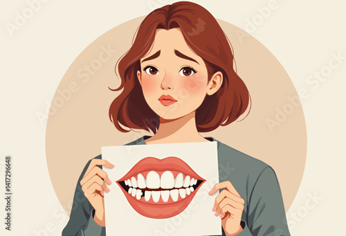 Sad woman holds drawing of a mouth with a missing tooth