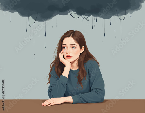 Sad woman with storm cloud above, tears falling