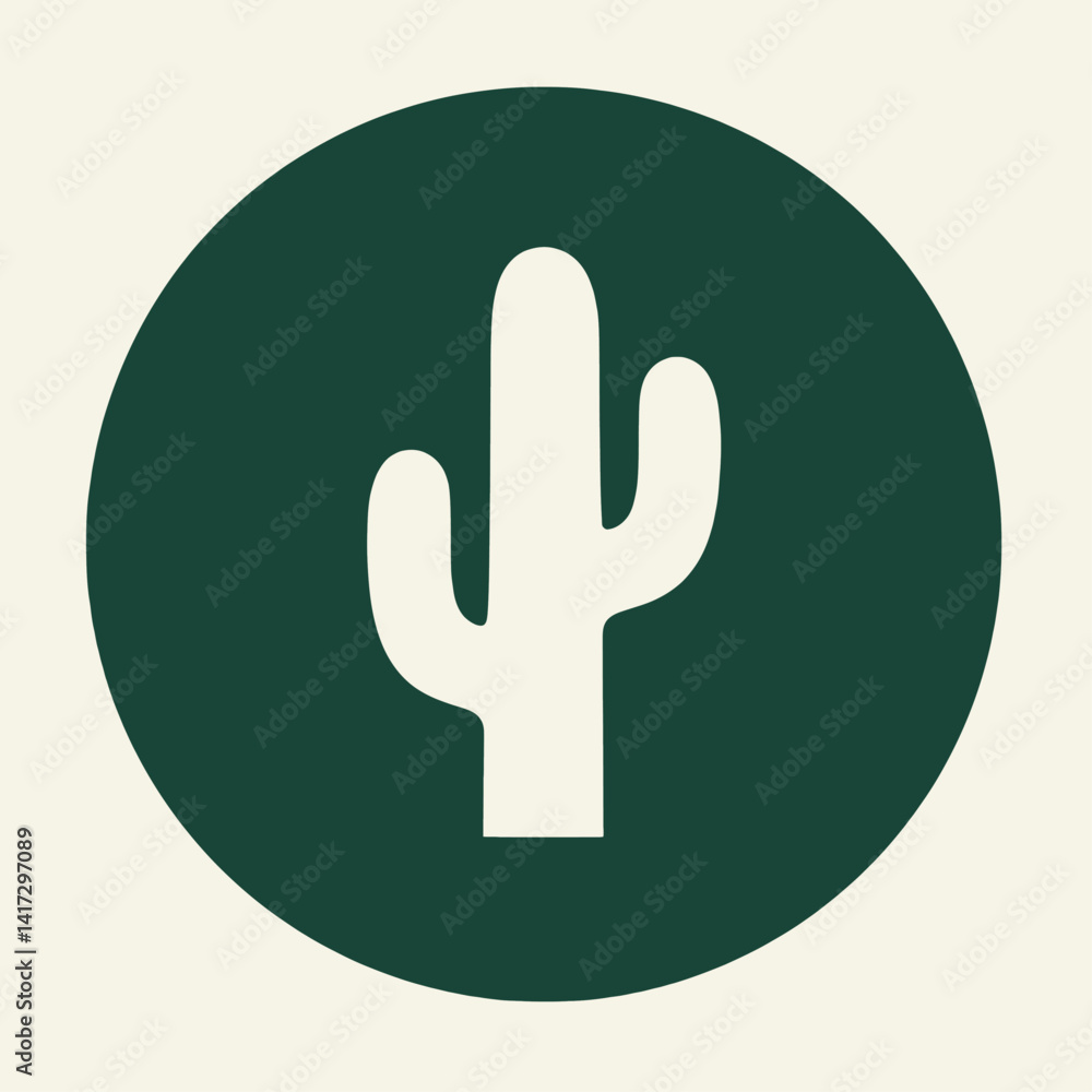 Simple White Cactus Icon on Dark Green Circle Simple White Cactus Icon on Dark Green Circle