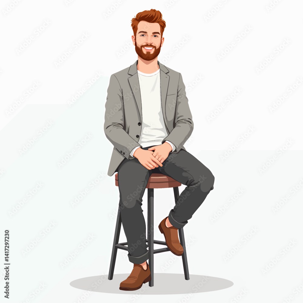 Smiling redhead man in blazer sits on stool Smiling redhead man in blazer sits on stool