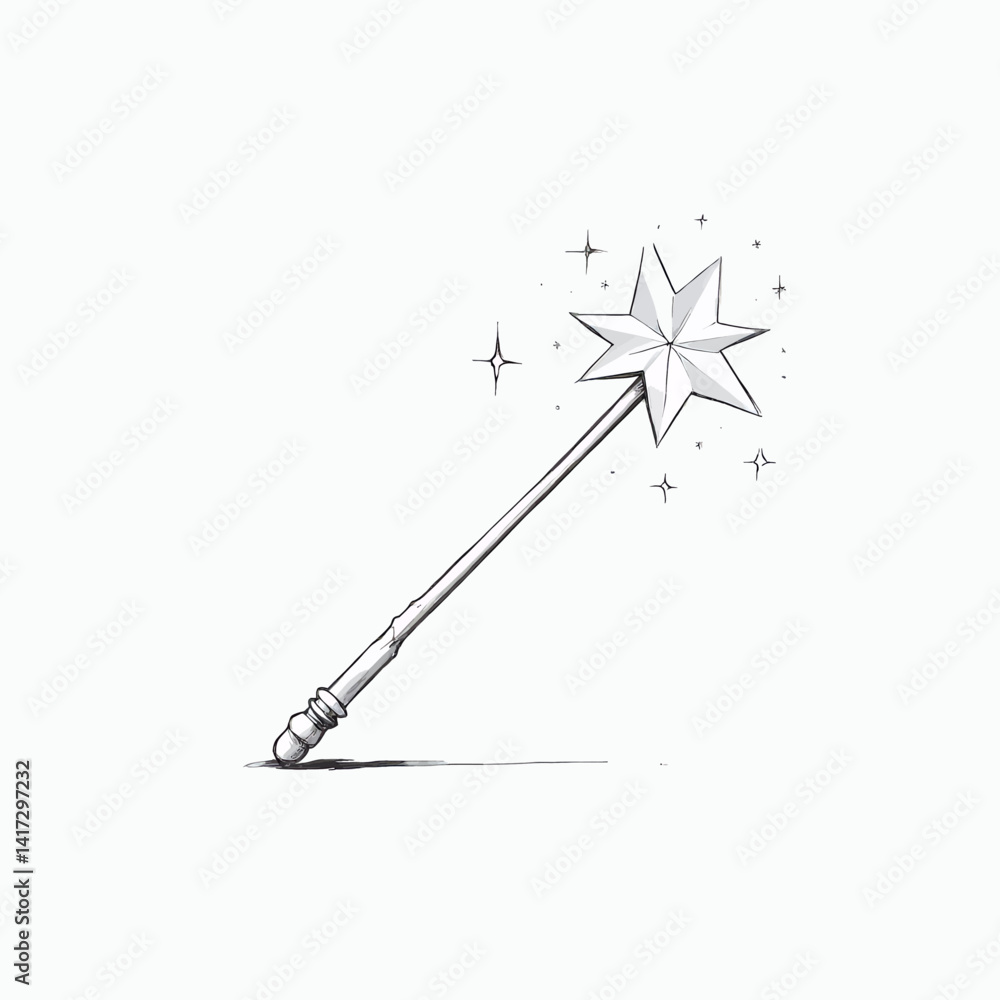 Sketch of a Star-Tipped Magic Wand with Sparkles Sketch of a Star-Tipped Magic Wand with Sparkles