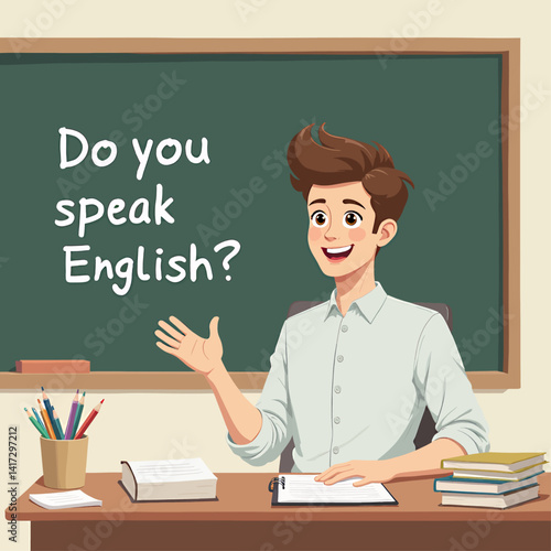 Smiling English Teacher at Desk with Chalkboard Question
