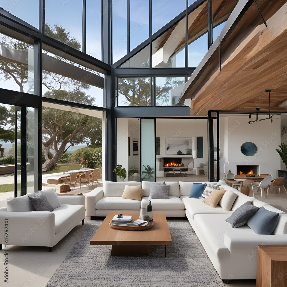 Fototapeta premium A modern living room with large windows, white sofas, and a wooden ceiling and coffee table design