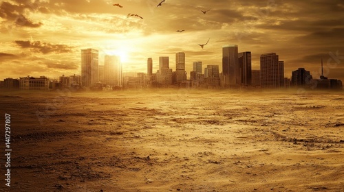 Post-Apocalyptic Cityscape: A Deserted Metropolis at Sunset