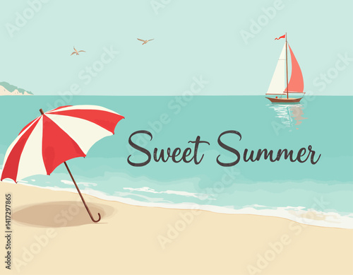 Sweet Summer beach scene with sailboat and umbrella