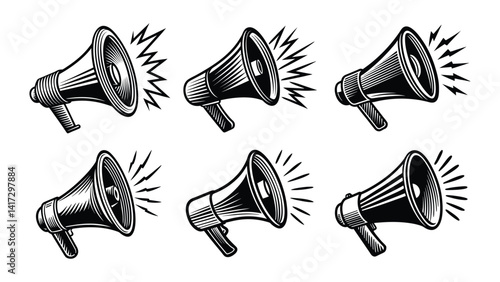 black megaphone set, a communication tool and business icon is isolated on a white background as a vector design