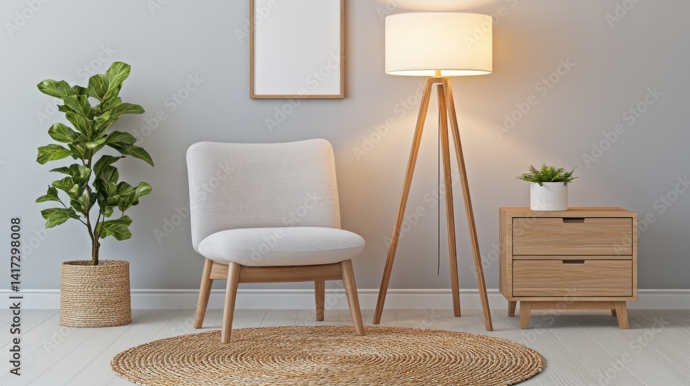 Obraz premium Light-filled living room featuring a comfortable chair and wooden accents.