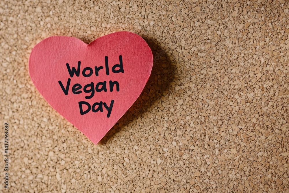 Fototapeta premium Pink heart shape with world vegan day text on cork board on white background