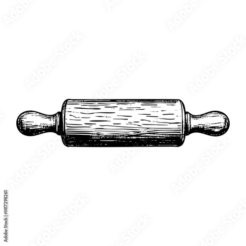 Rolling pin sketch engraving black and white outline. Scratch board imitation.