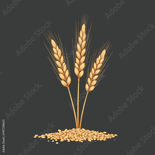 Wheat stalks and grains on dark background