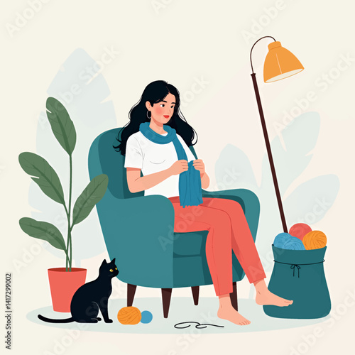 Woman knits with cat in cozy teal armchair at home