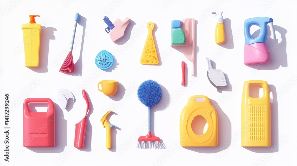 housework, housekeeping and household concept - cleaning stuff on white background housework, housekeeping and household concept - cleaning stuff on white background