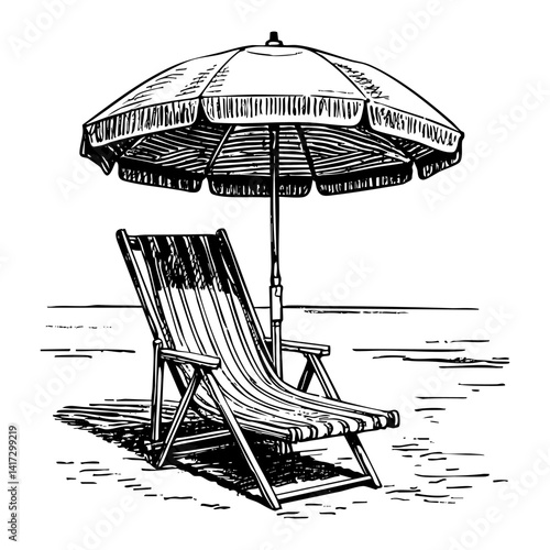 Umbrella and seat on beach sketch engraving black and white outline. Scratch board imitation.  illustrated in vintage line art style on a white background.