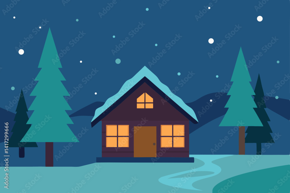 Naklejka premium anime-cabin-in-the-woods-during-snowfall 