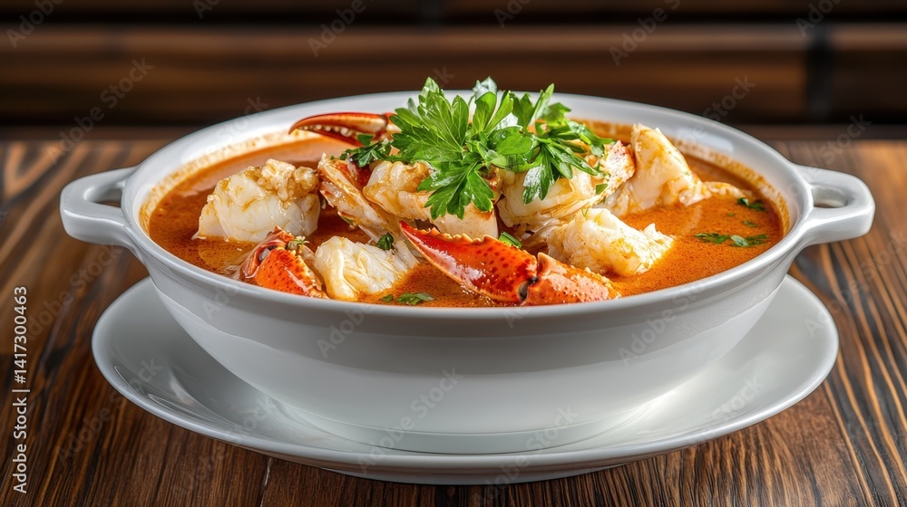 Fototapeta premium Crab bisque in a white bowl with parsley garnish