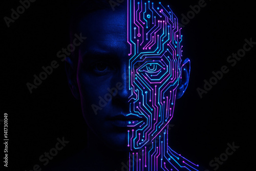 Portrait split between human face and digital circuits, concept of half-human half-AI identity