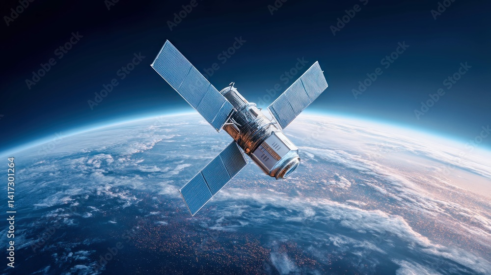 Obraz premium A modern satellite orbits earth, capturing data from space, showcasing technology and science.
