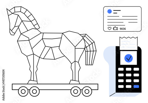 Polygonal Trojan horse on wheels, credit card payment terminal with receipt, and social media notification highlight digital threats. Ideal for cybersecurity, online fraud, data risk, social