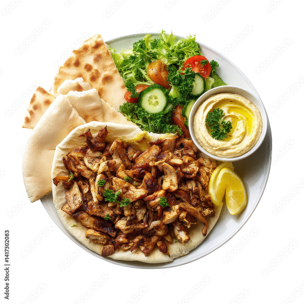 Chicken Shawarma Plate with Hummus and Salad Chicken Shawarma Plate with Hummus and Salad