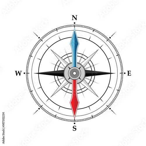 compass rose with cardinal directions (N, E, S, W) and intermediate points, featuring a blue and red needle pointing north and south, symbolizing navigation and orientation.