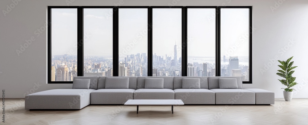 Obraz premium Modern Living Room with Panoramic City View and Cozy Sofa Setup