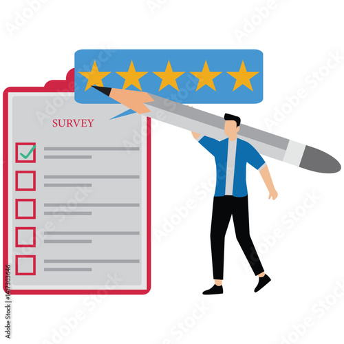 Businessman use pencil to give five star evaluation in feedback survey