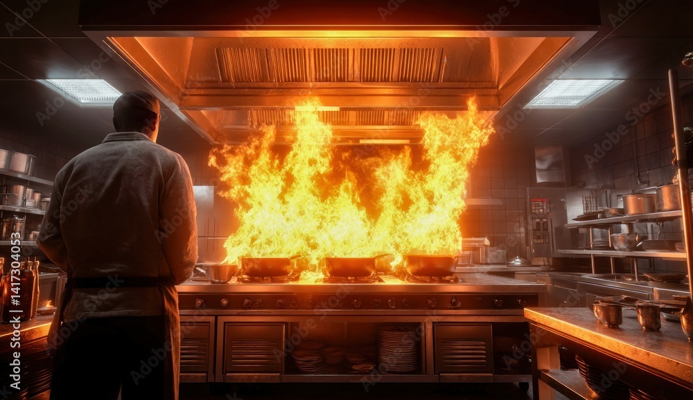 A chef stands observing a kitchen engulfed in intense flames emanating from the stove top. A chef stands observing a kitchen engulfed in intense flames emanating from the stove top.