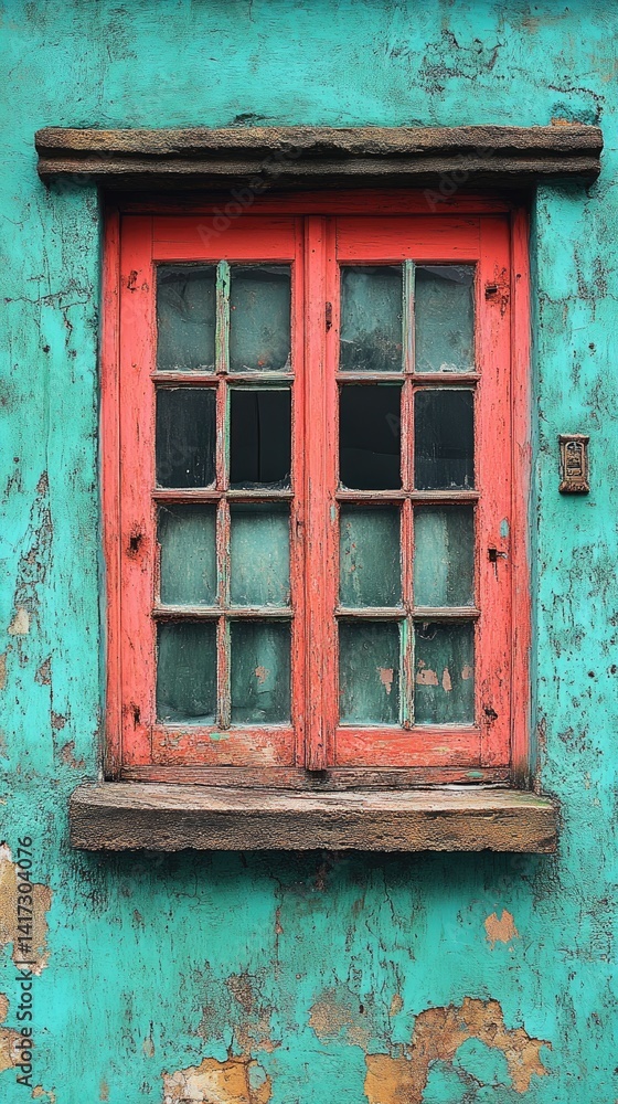 Red window with multiple panes on a weathered turquoise wall. Red window with multiple panes on a weathered turquoise wall.